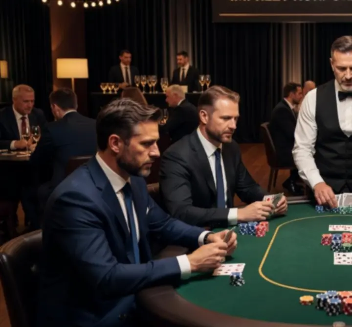 Stół pokerowy Texas Hold'em z dealerem na evencie firmowym